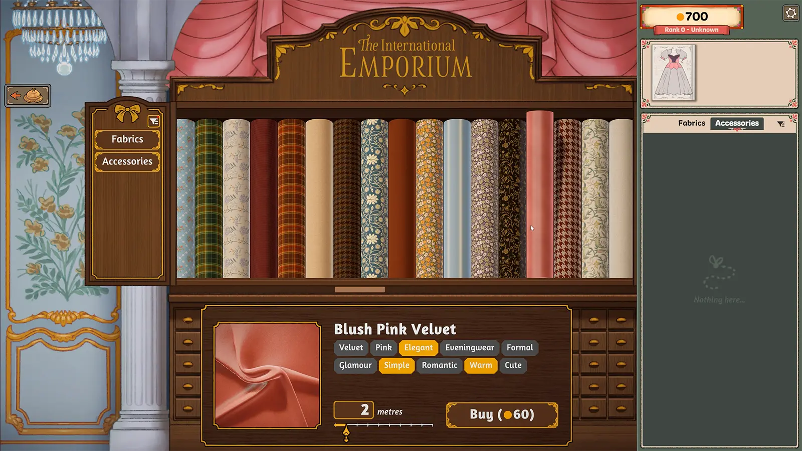 The International Emporium fabric shop with bolts of cotton, silk, and velvet and their style tags