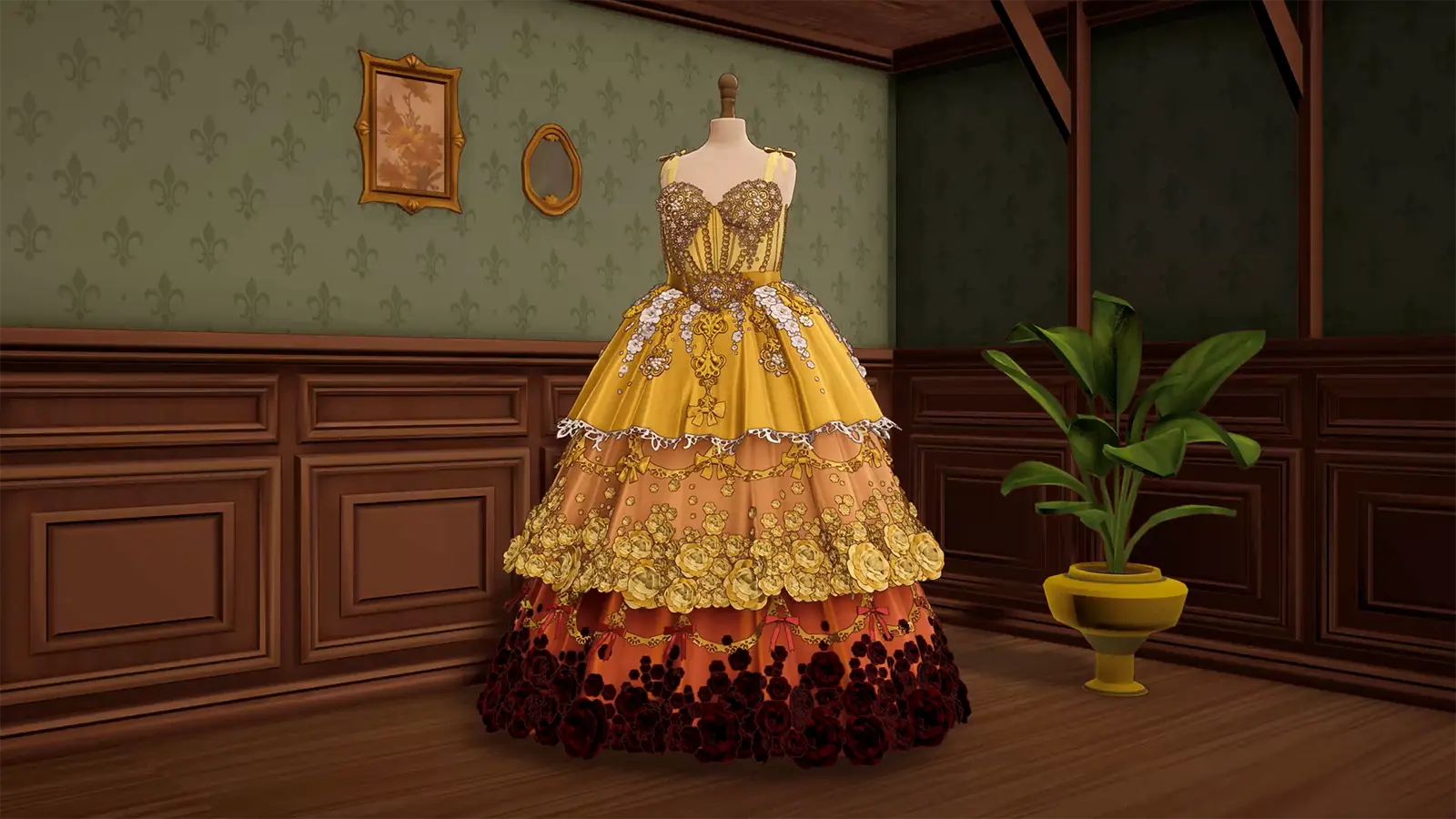 An ornate yellow rose gown on the mannequin, showing layered skirts and floral decorations