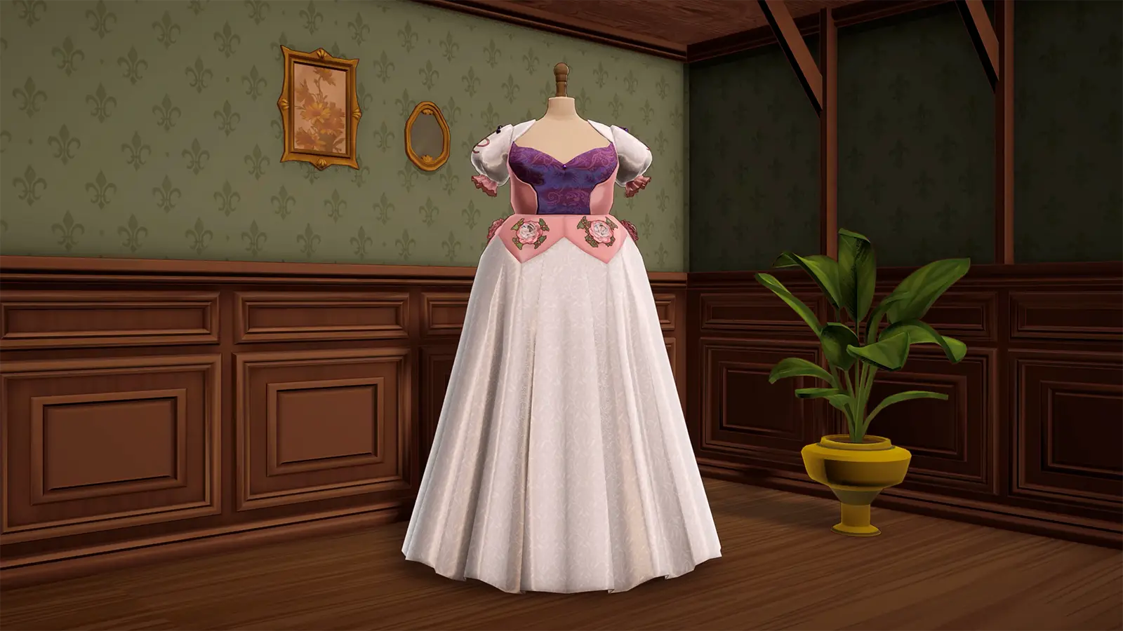 A finished white and purple dress displayed on the boutique mannequin