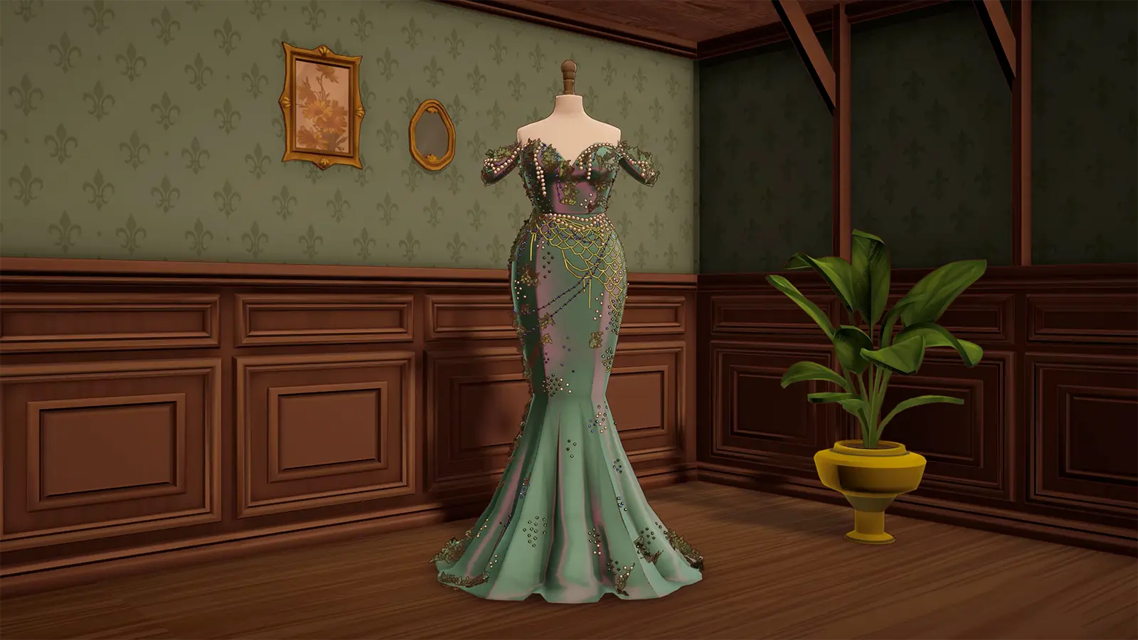 A beaded mermaid-style gown in sea green on the boutique mannequin