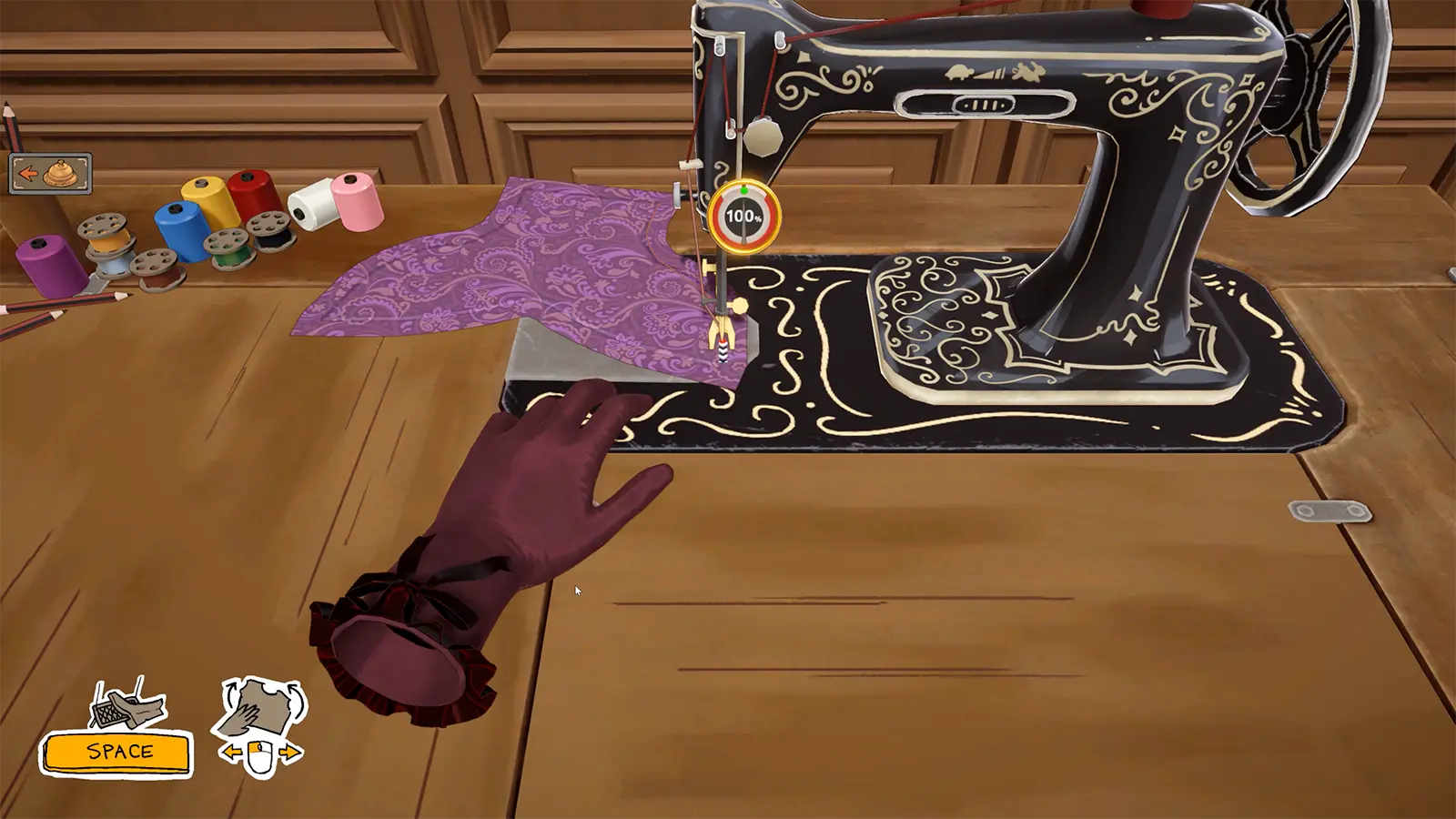 Guiding purple fabric through the sewing machine with the quality gauge at 100%