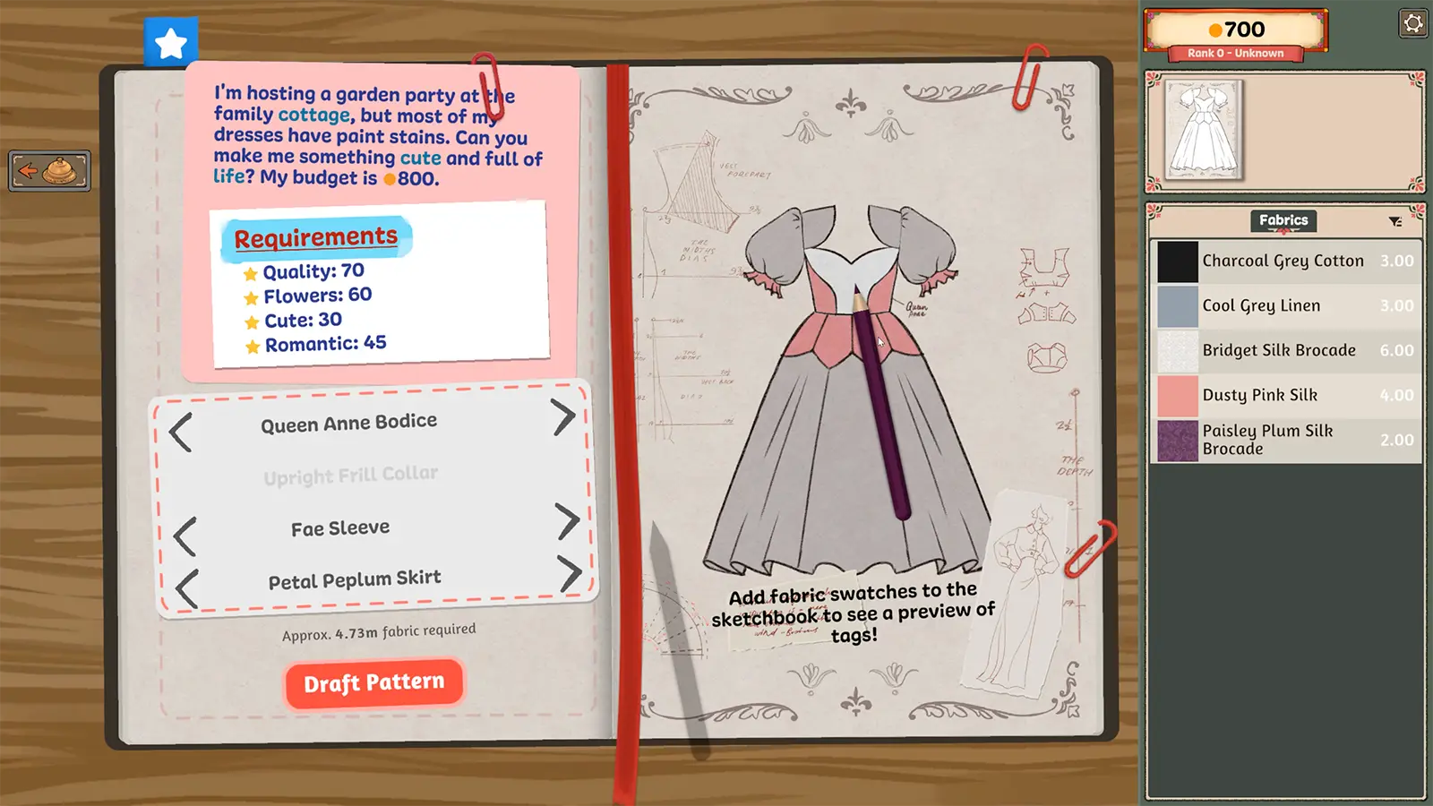 Sketchbook open to a customer request with dress requirements and fabric swatch slots